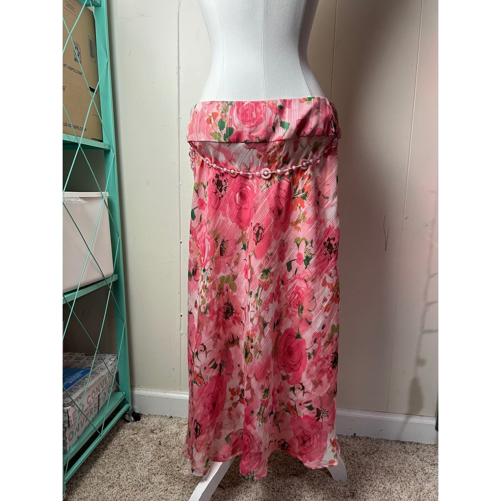 Y2K Pink Floral Midi Skirt Beaded 8 Fairy Coquette Graden Romantic Cottagecore - Picture 2 of 9
